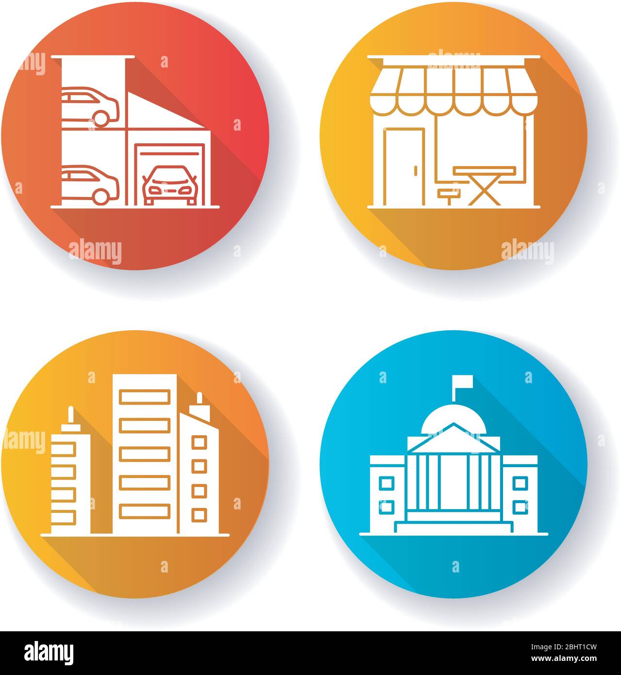 Industrial buildings flat design long shadow glyph icons set Stock Vector