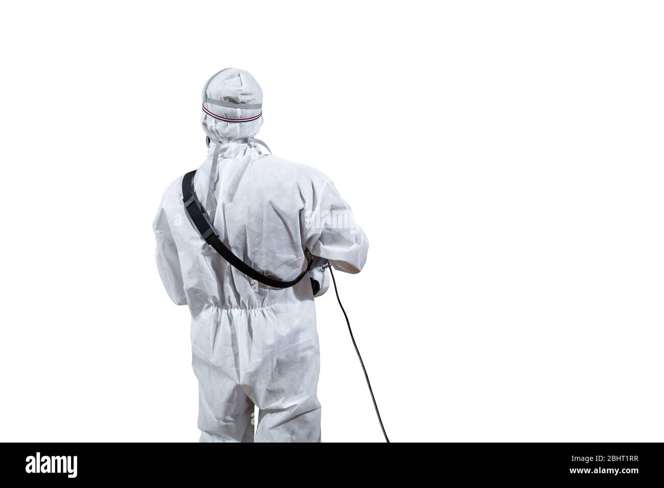 Isolated Professional technical man in prevention suit in backside in white background. Clipping Path. Stock Photo
