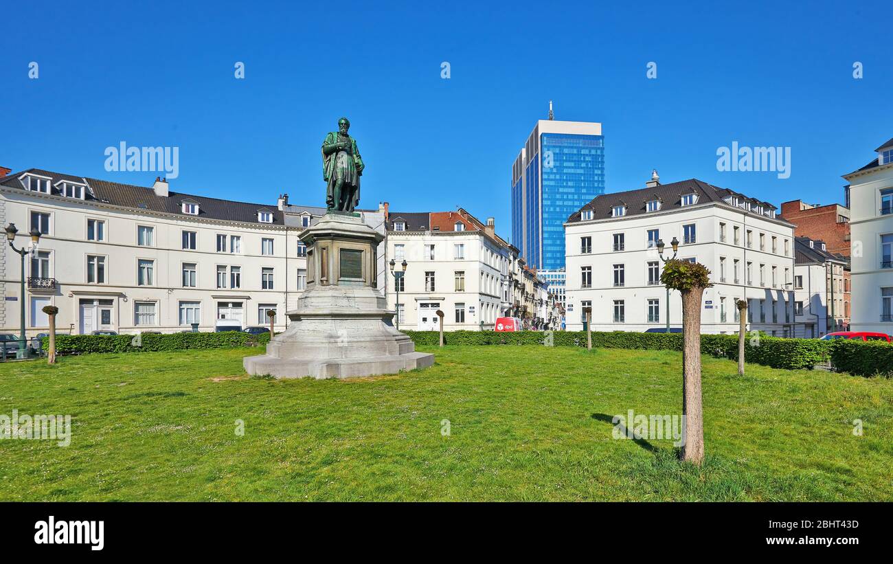 Brussels, Belgium - April 26, 2020:  Barricades square and the statue of Vesale at Brussels without any people during the confinement period. Stock Photo
