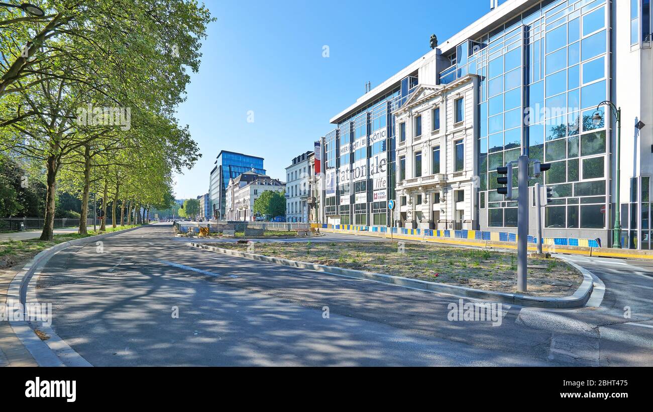 Brussels, Belgium - April 26, 2020: Bischoffsheim boulevard and Arts Boulevard at Brussels without any people during the confinement period. Stock Photo