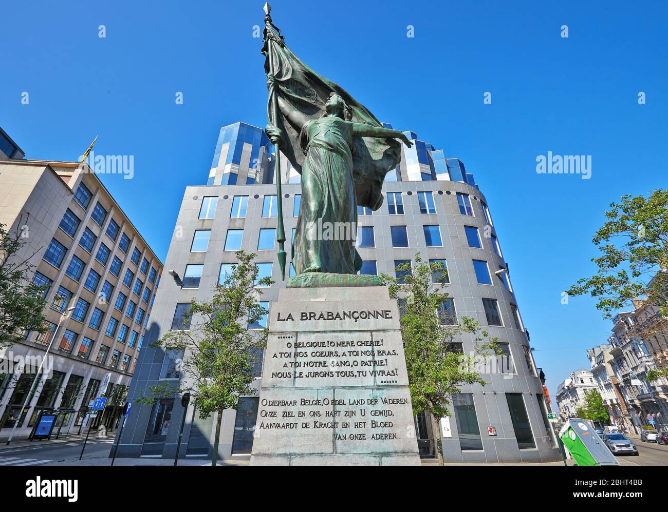 Brussels, Belgium - April 26, 2020: Square Surlet de Chokier and brabanconne statue at Brussels without any people during the confinement period. Stock Photo