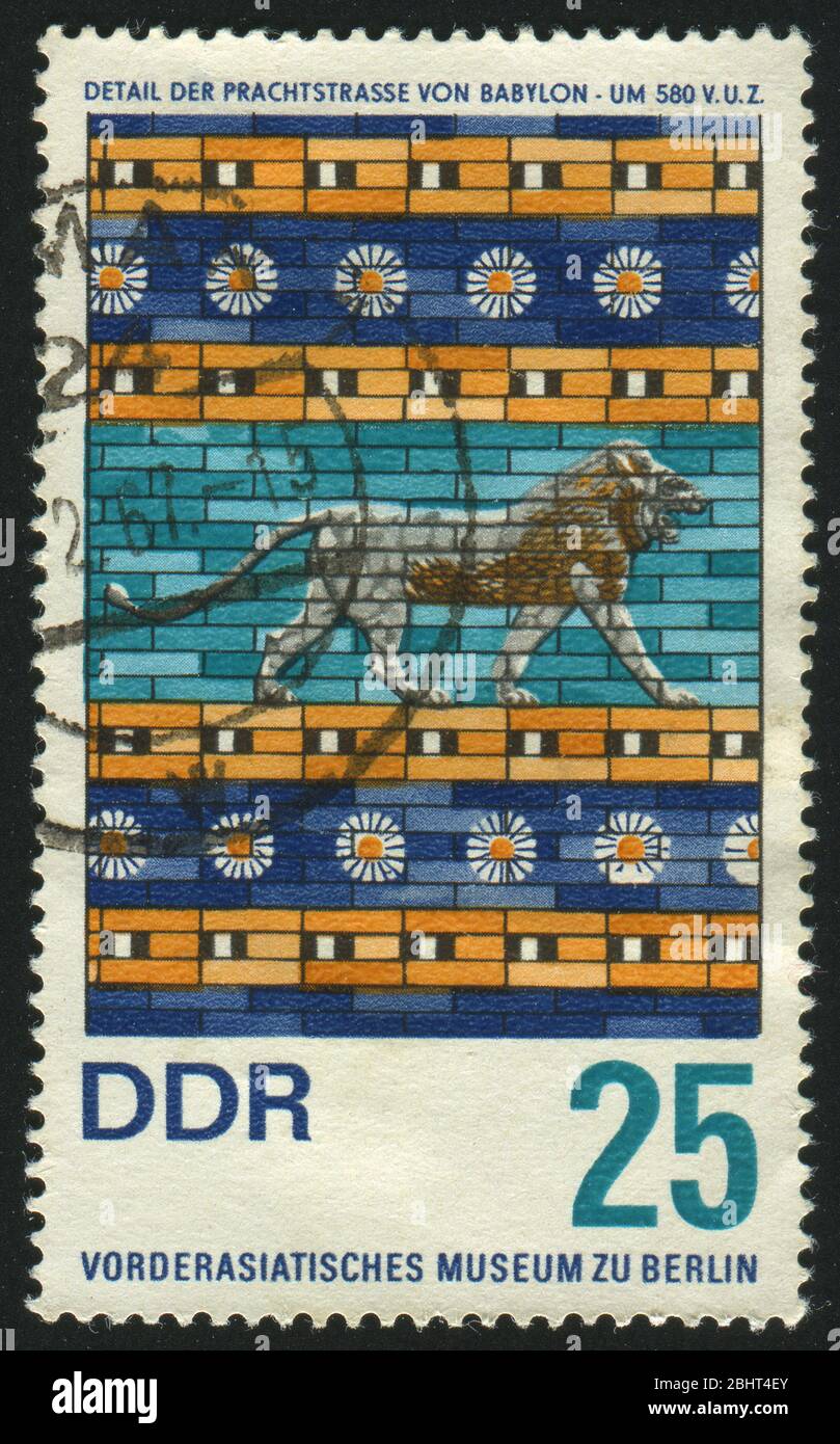 GERMANY - CIRCA 1966: stamp printed by Germany, shows Lion facing right and ornaments, Babylon, circa 1966. Stock Photo