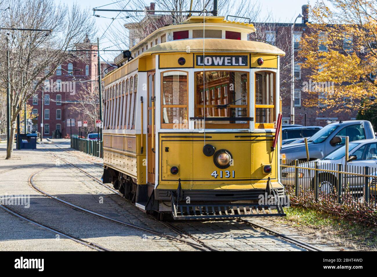 A trolley car at the Lowell National Park, Lowell, Massachusetts Stock Photo