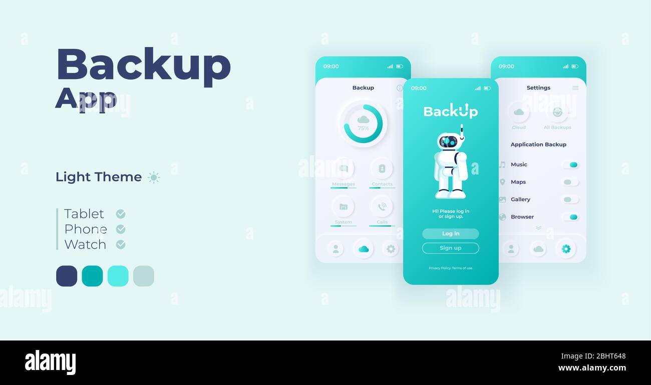 Backup Application Cartoon Smartphone Interface Vector Templates Set Mobile App Screen Page Day Mode Design Database Log In Page And Settings Ui For Stock Vector Image Art Alamy