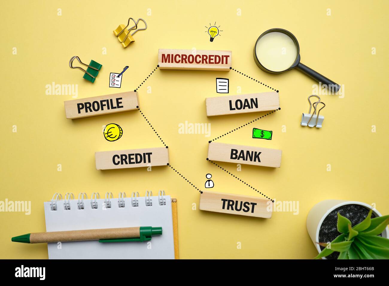 The concept of microcredit and basic links with icons. Close up Stock