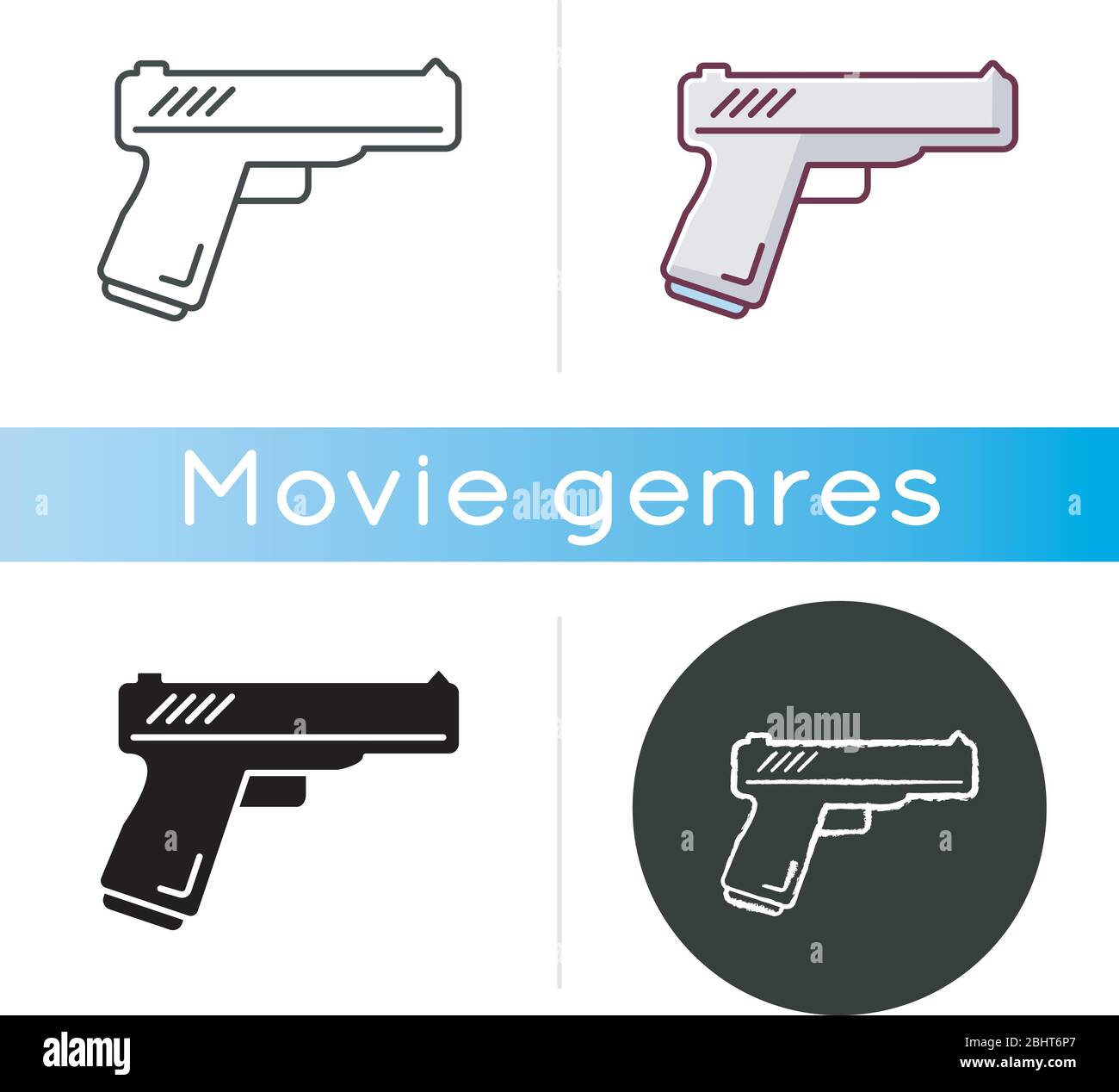 Action flick icon. Linear black and RGB color styles. Popular movie genre, common cinema category. Violent military film, spy fiction. Handgun, weapon Stock Vector