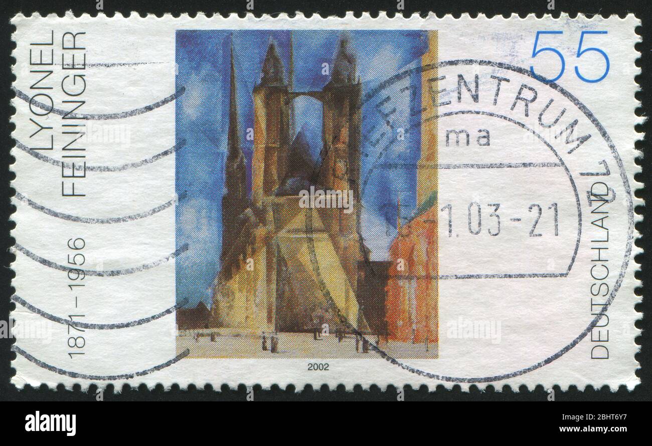 GERMANY- CIRCA 2002: stamp printed by Germany, shows Halle market church, by Lyonel Feininger, circa 2002. Stock Photo