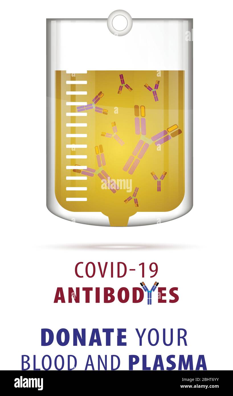 Plasma bag with antibodies from people cured of SARS-COV-2 Covid-19 prepared in a hospital, conceptual image Stock Vector