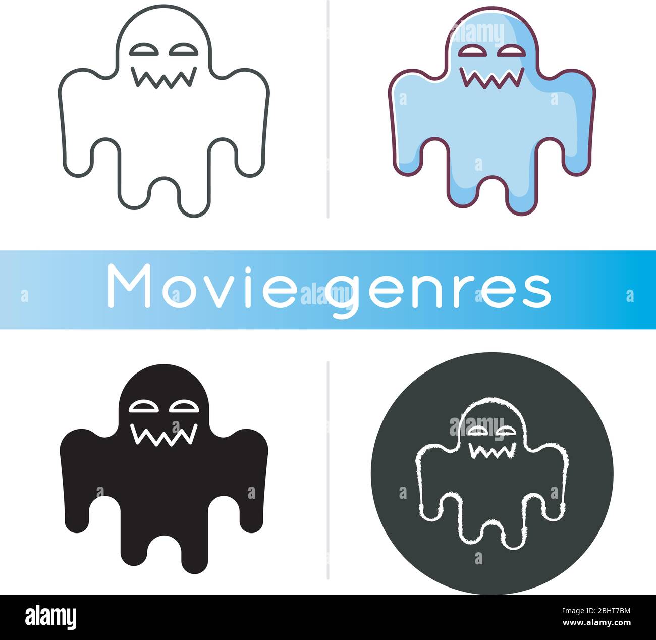 Horror movie black glyph icon. Scary film genre, creepy ghost story silhouette symbol on white space. Popular cinema category with paranormal monsters Stock Vector