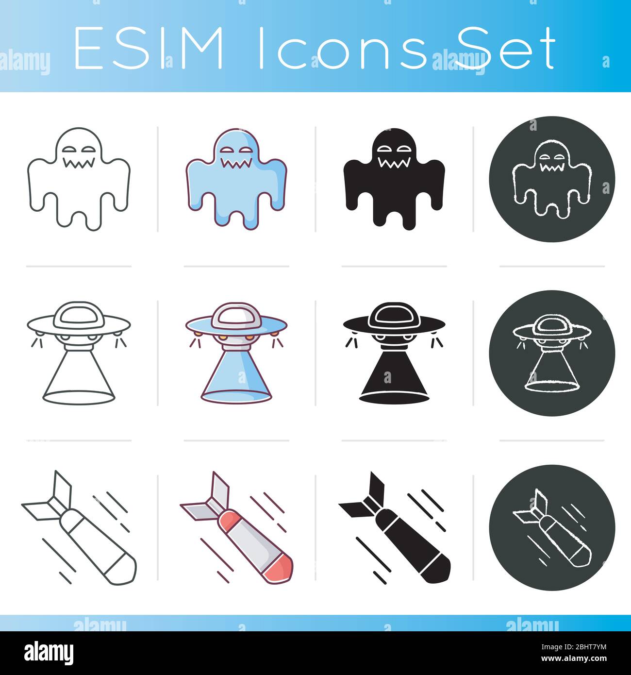 Common movie categories icons set. Linear, black and RGB color styles. Popular cinematography genres, filmmaking styles. Science fiction, horror films Stock Vector