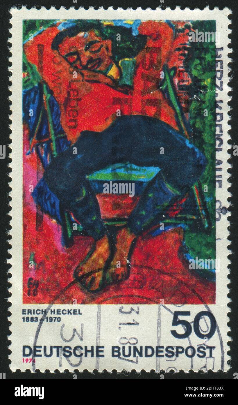 GERMANY- CIRCA 1974: stamp printed by Germany, shows Pechstein (man) Asleep, by Erich Heckel, circa 1974. Stock Photo