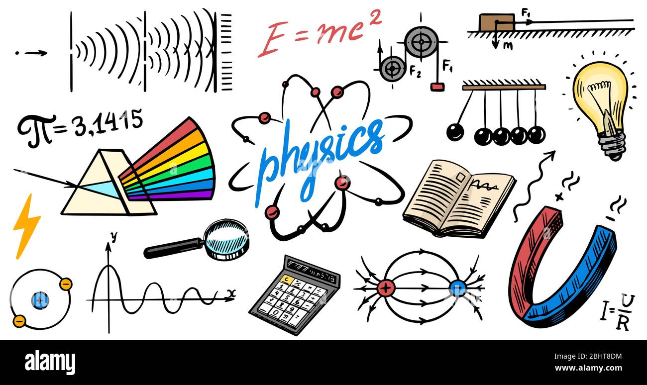 Physics or education concept. Icons and formulas set. Atomic nuclear experiments. spectrum. School test or lab. Hand drawn doodle symbols. Spectrum Stock Vector