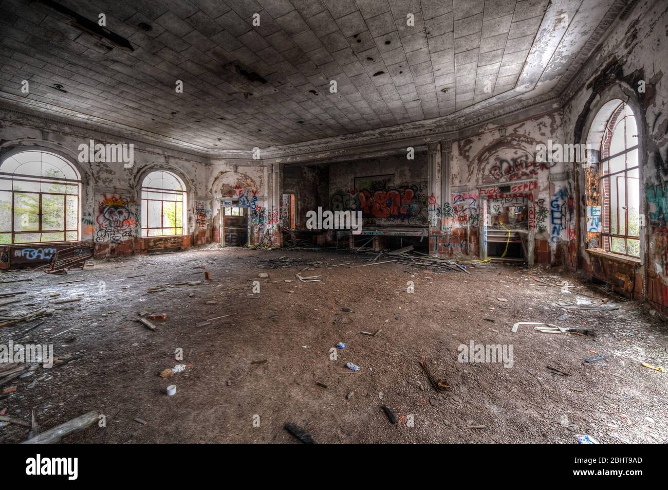 Decaying theater in an abandoned hospital Stock Photo