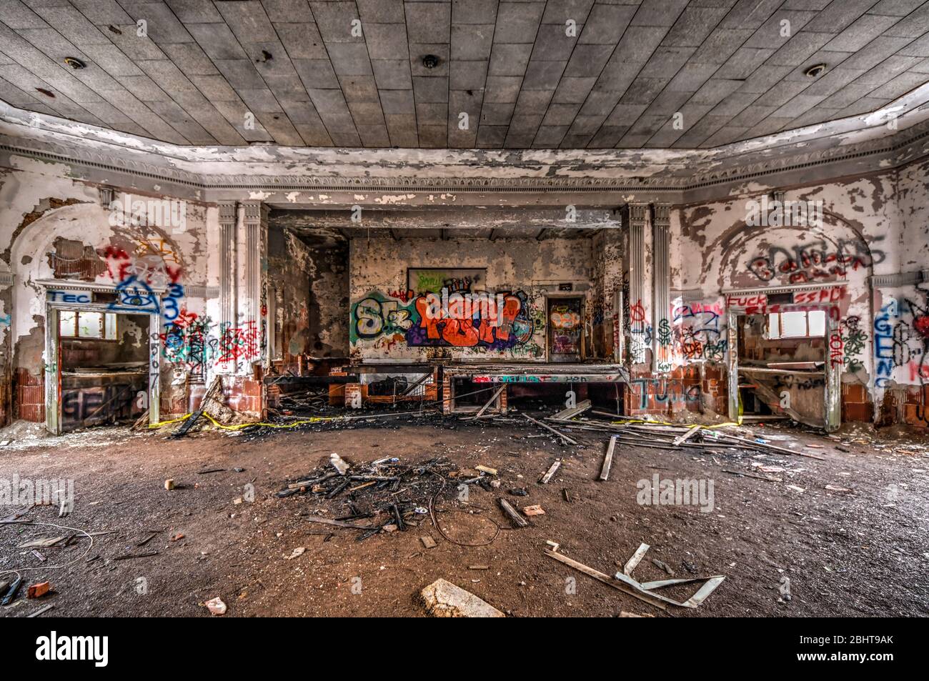 Decaying theater in an abandoned hospital Stock Photo