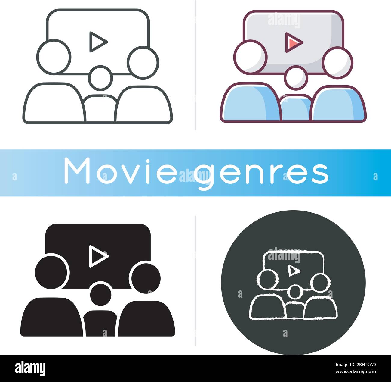 Family picture icon. Linear black and RGB color styles. Filmmaking style, cinema genre. Family friendly movies and TV series. Parents and kid watching Stock Vector