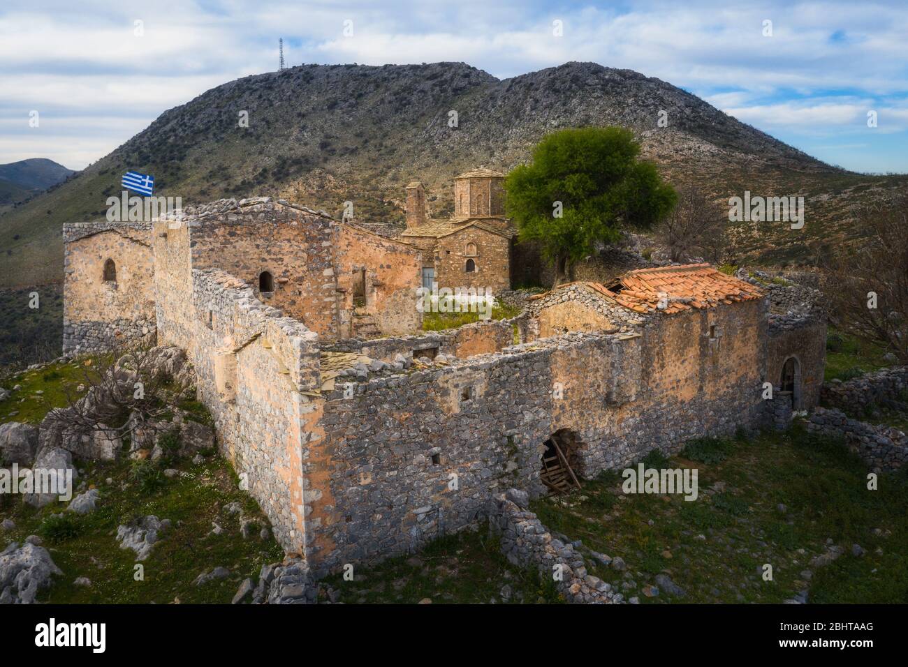 Moni Sotiros chursh and fortress at mani peninsula near Kotronas, Greece Stock Photo