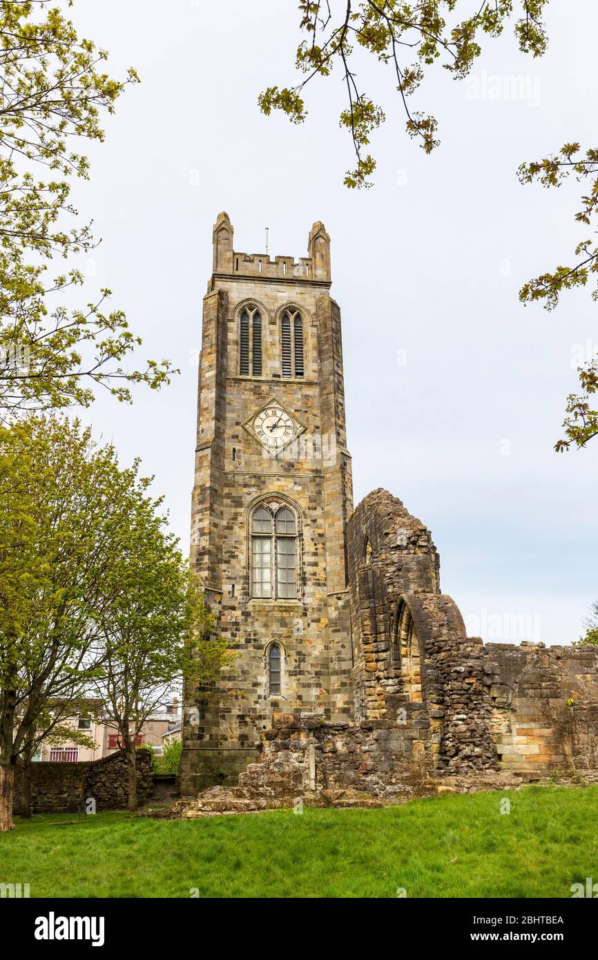 Abbey tower and part of the south transept of the Tironensian Benedictine monastery, Kilwinning, Ayrshire, Scotland, UK. Stock Photo