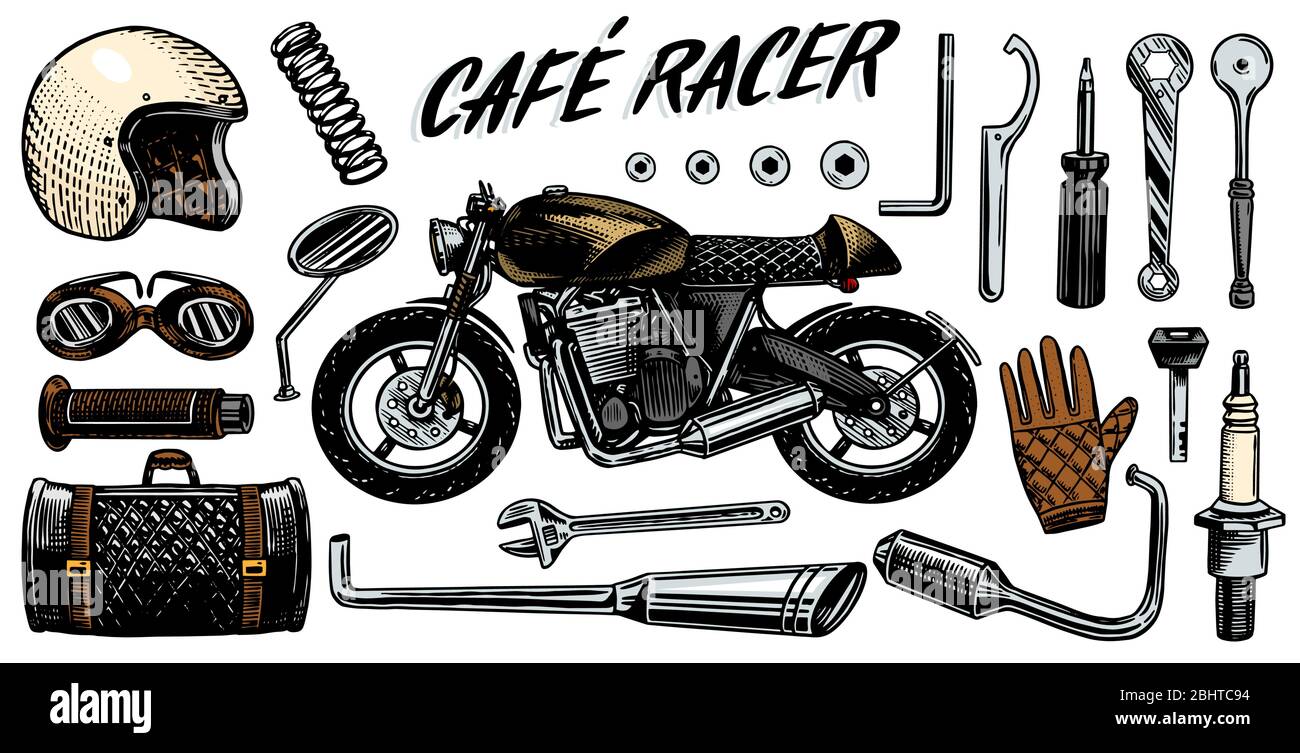 Motorcycle repair. Set of tools for the cafe racer. Bike Gloves Helmet  Instruments for motor bicycle. Mending and renovation of vehicles. Hand  drawn Stock Vector Image & Art - Alamy