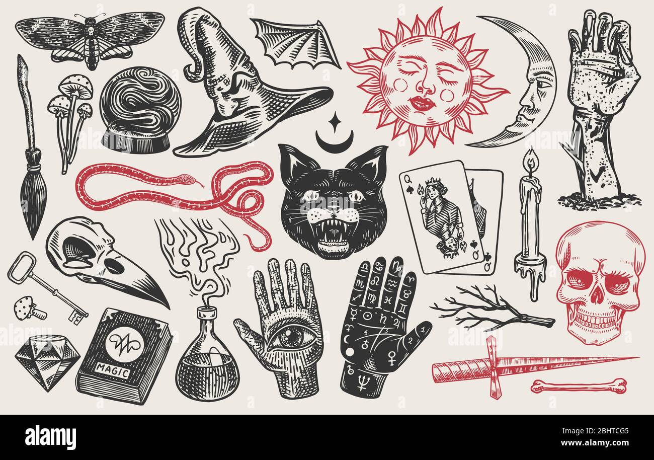 Mystical Magic Boho Elements Witchcraft Astrological Set Esoteric Alchemy  Occult Sketch For Tattoo Palmistry And Skull The Hand Of A Dead Man  Drawn Engraved Game Cards And Black Cat Royalty Free SVG