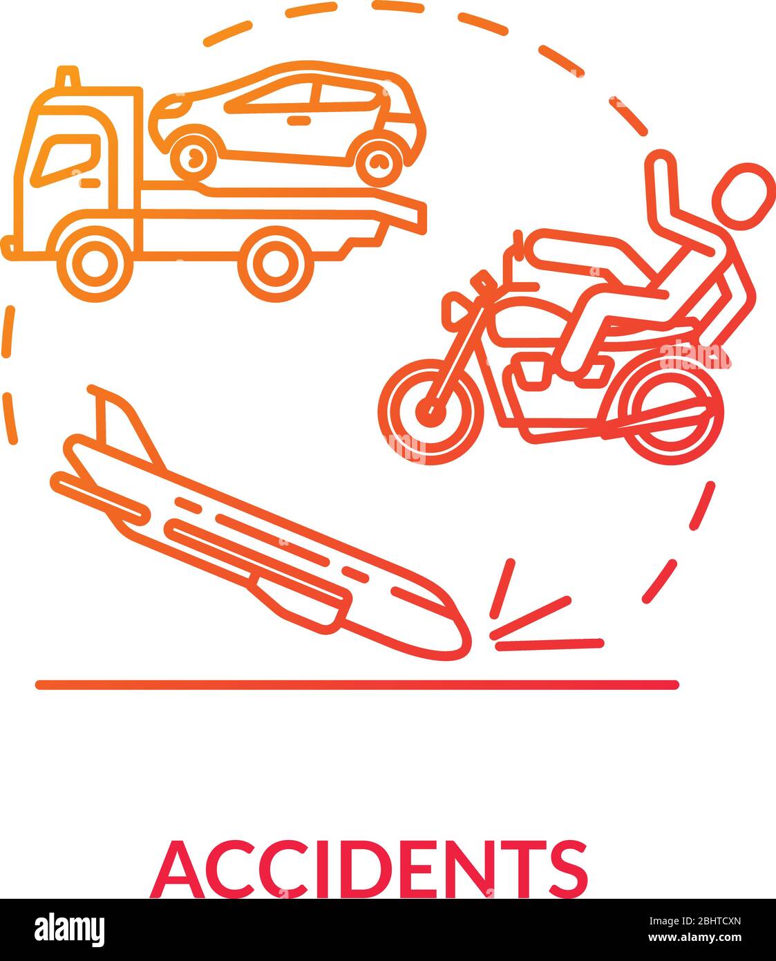 Accidents, catastrophes concept icon. Aircraft crash, traffic traumatism, fatal incidents factor, car crash idea thin line illustration. Vector Stock Vector