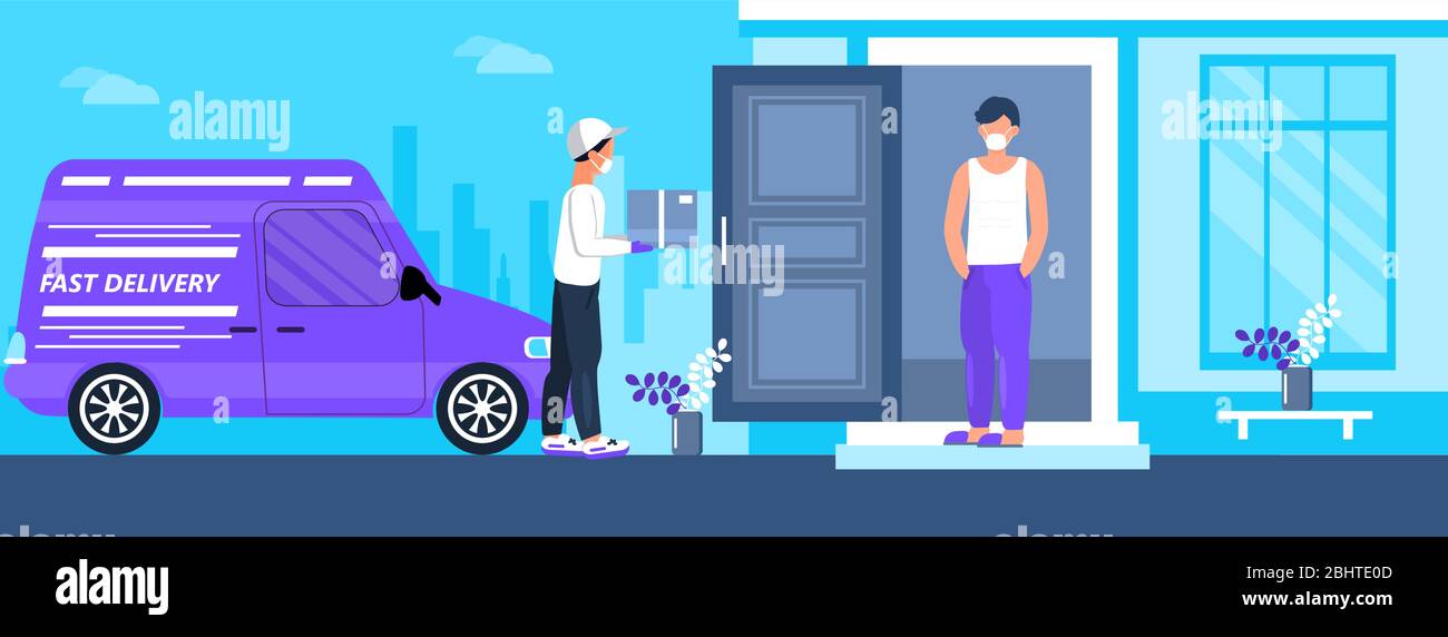 Safe Delivery Service Door To Door Contactless Delivery During Corona Virus Epidemic Man Is Carrying Box Courier Is Wearing A Medical Mask And Stock Vector Image Art Alamy