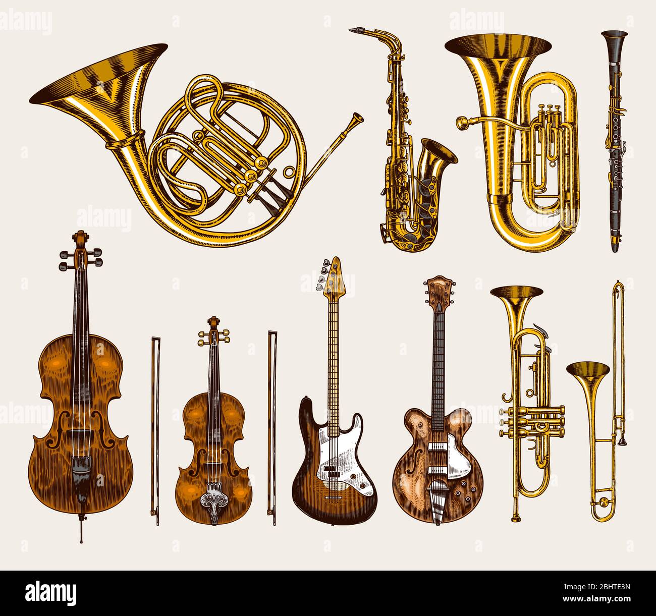 Jazz classical wind instruments set. Musical Trombone Trumpet Flute Bass  guitar Semi-acoustic French horn Saxophone Cello Tuba Violin. Hand drawn  Stock Vector Image & Art - Alamy