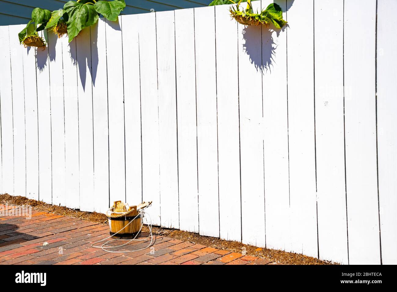 Tom Sawyer's Fence, Bucket of Whitewash, & Paintbrushes Stock Photo
