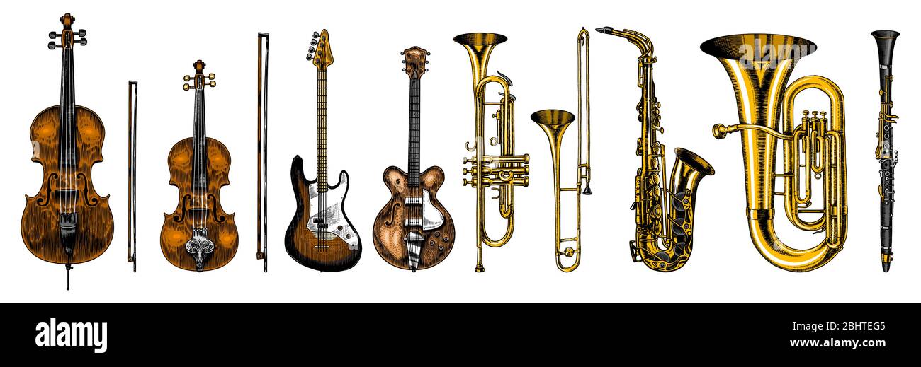 Staple Springboard Properly Jazz classical wind instruments set. Musical Trombone Trumpet Flute Bass  guitar Semi-acoustic French horn Saxophone Cello Tuba Violin. Hand drawn  Stock Vector Image & Art - Alamy