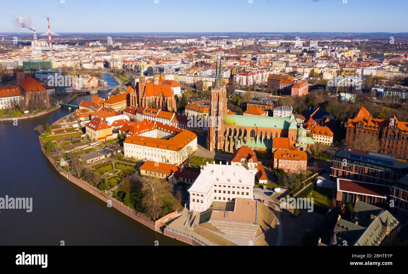 Aerial view of island of Ostrow Tumski in Wroclaw with Cathedral of St ...