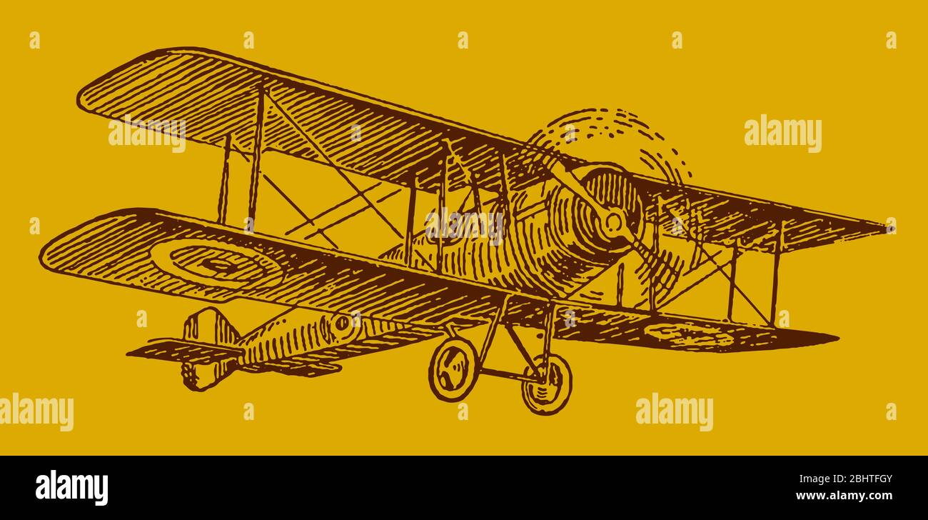 Historical british single-engine biplane on a golden background. Editable in layers Stock Vector