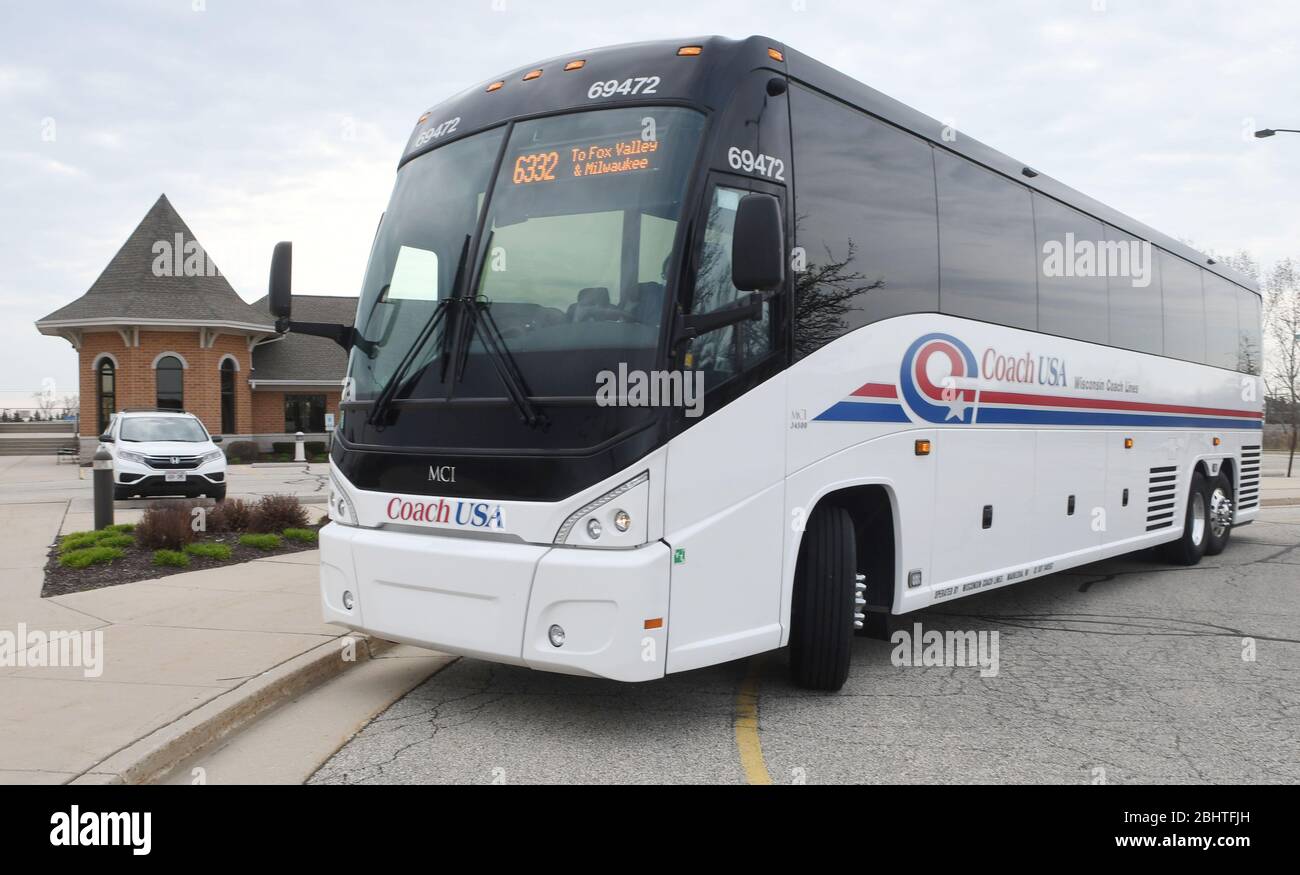 Sturtevant, Wisconsin, USA. 27th Apr, 2020. Amtrak has inaugurated bus service in lieu of rail service on many lines, including the normally busy Hiawatha commuter train between Milwaukee and Chicago Friday April Sturtevant, Wisconsin, USA. 27th Apr, 2020. Amtrak has inaugurated bus service in lieu of rail service on many lines, including the normally busy Hiawatha commuter train between Milwaukee and Chicago Friday April
