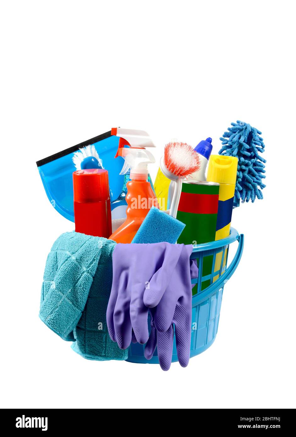 Plastic basket with cleaning supplies hi-res stock photography and