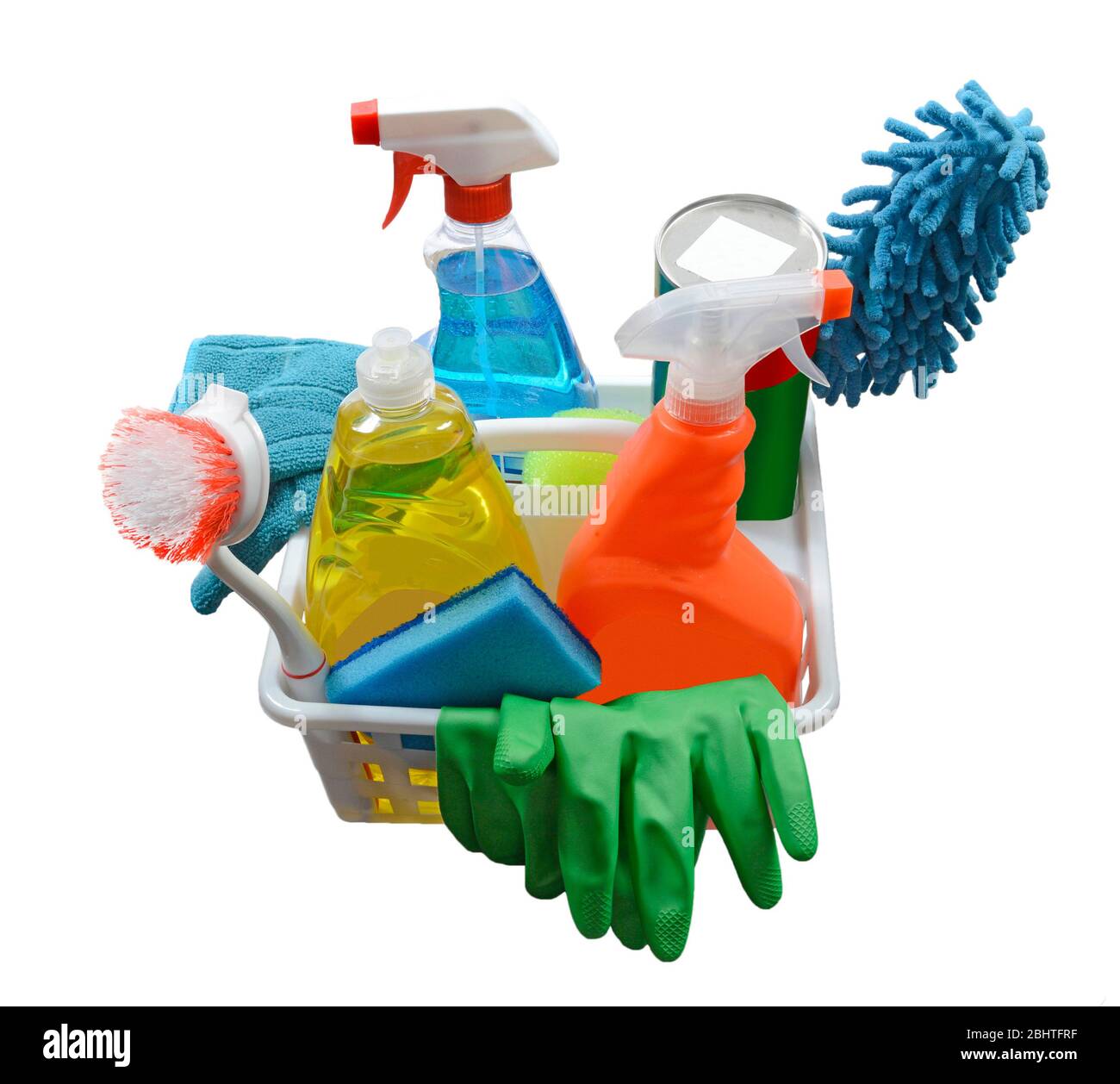 Basket household cleaning products isolated hi-res stock