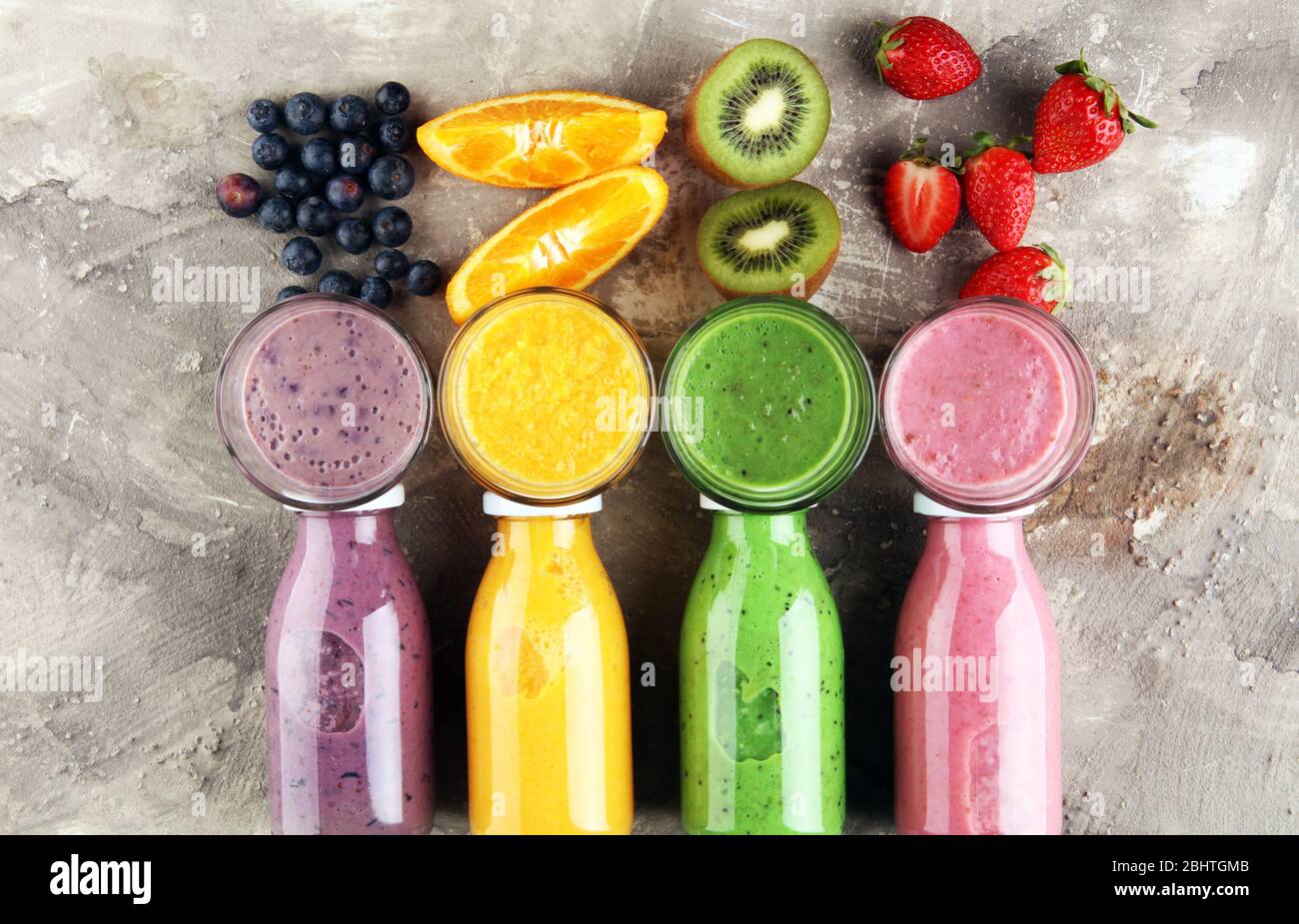Smoothie variation. Healthy lifestyle concept. several bottles with ...