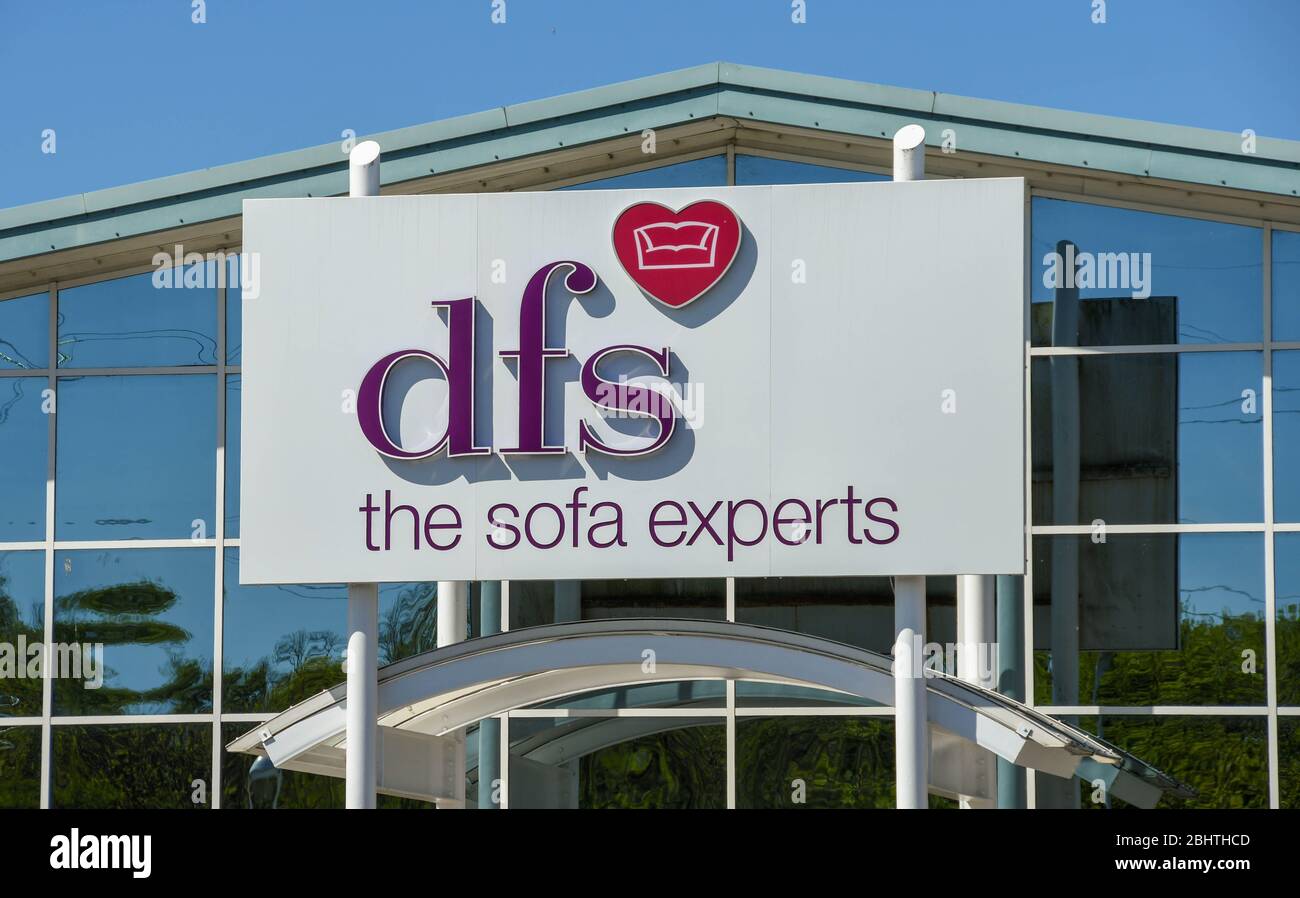 LLANTRISANT, WALES - MAY 2018: Close up view of a large sign above the entrance to a DFS furniture store on an out of town retail park Stock Photo