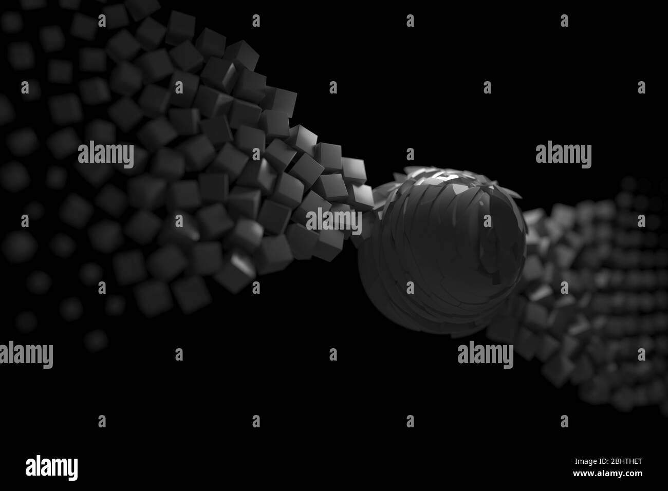 abstract composition with flying white boxes and polygonal spheres, in the shape of a wave on a black background. 3d illustration Stock Photo
