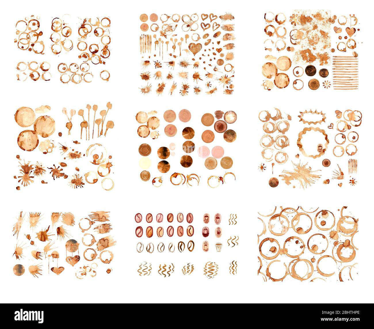Coffee paint stains, splashes isolated on white background. Coffee cup ...