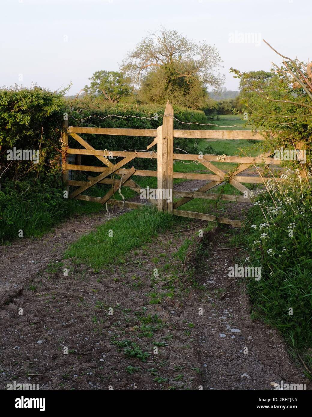 April 2020 - Old wooden farm track gates in the Somerset village of Cheddar Stock Photo