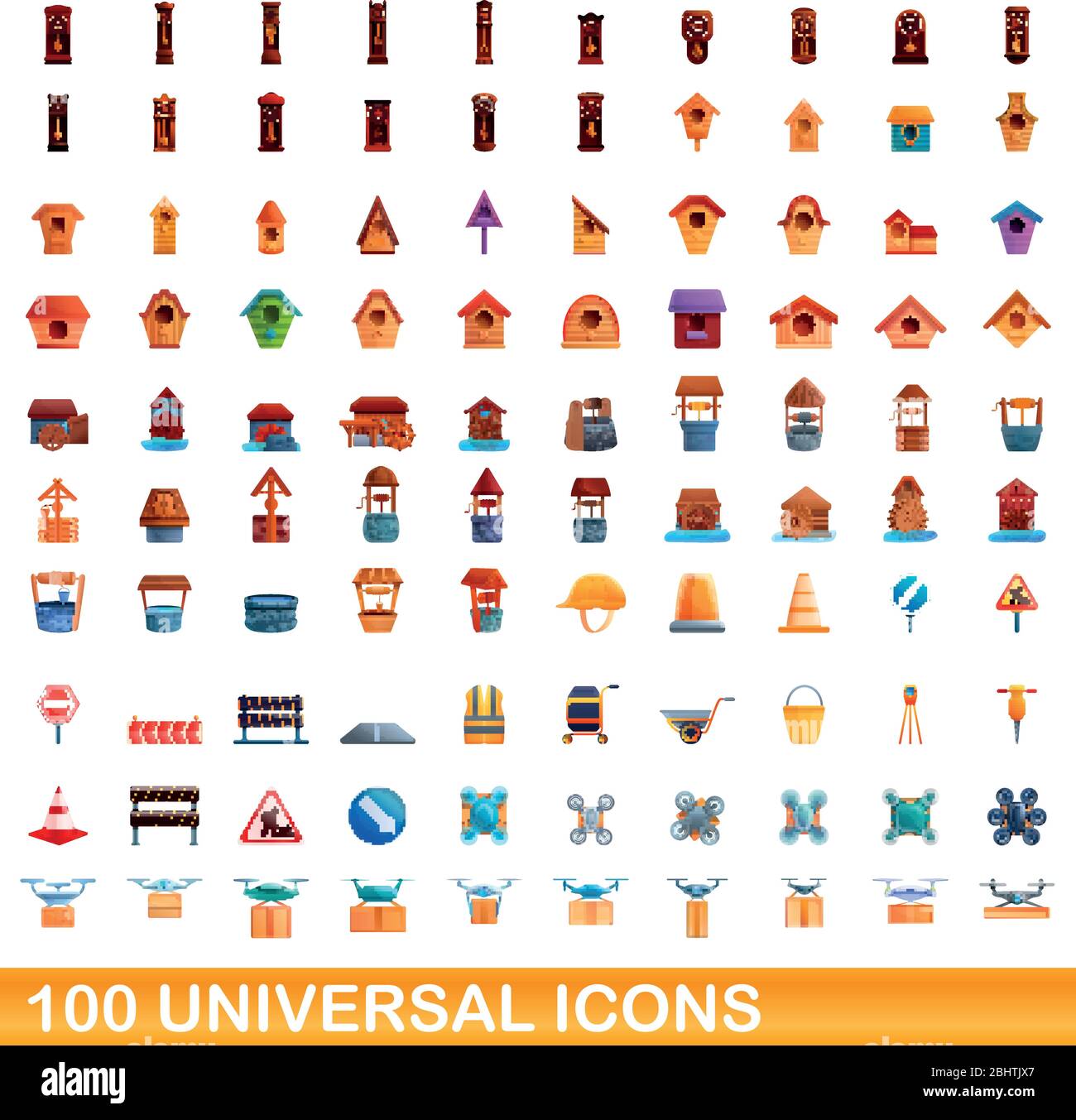 100 universal icons set. Cartoon illustration of 100 universal icons ...