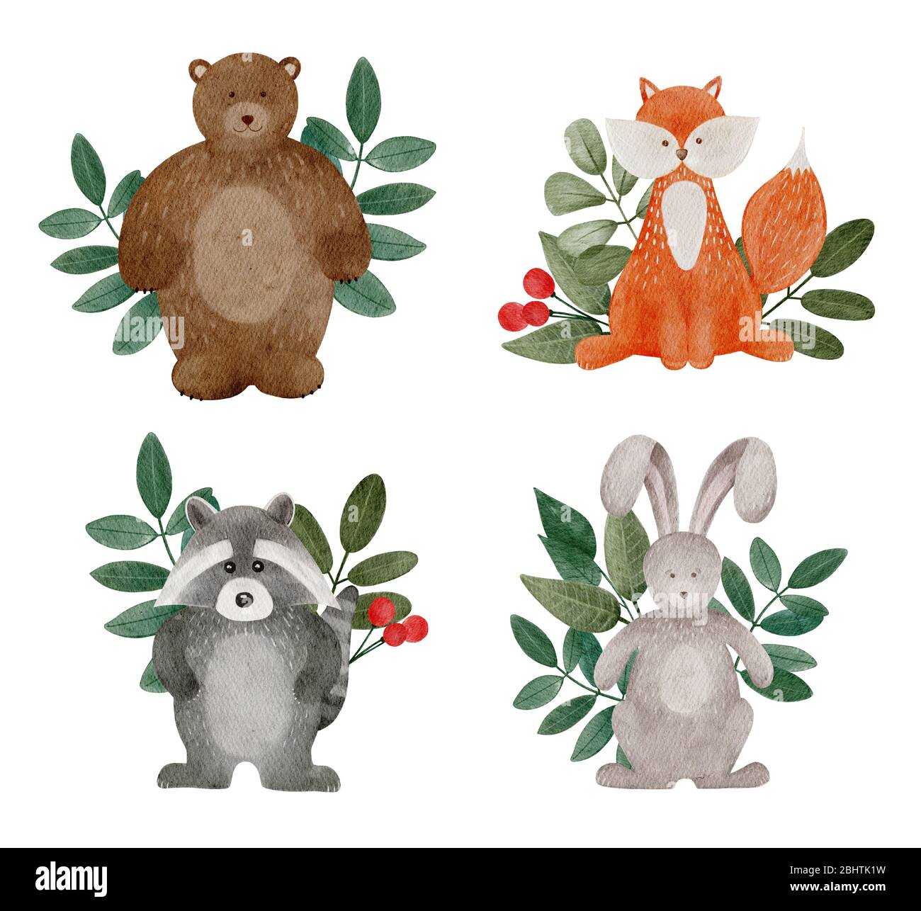 Watercolor cartoon woodland animals. Cute set of bunny, teddy, fox and raccoon with leaf. Stock Photo