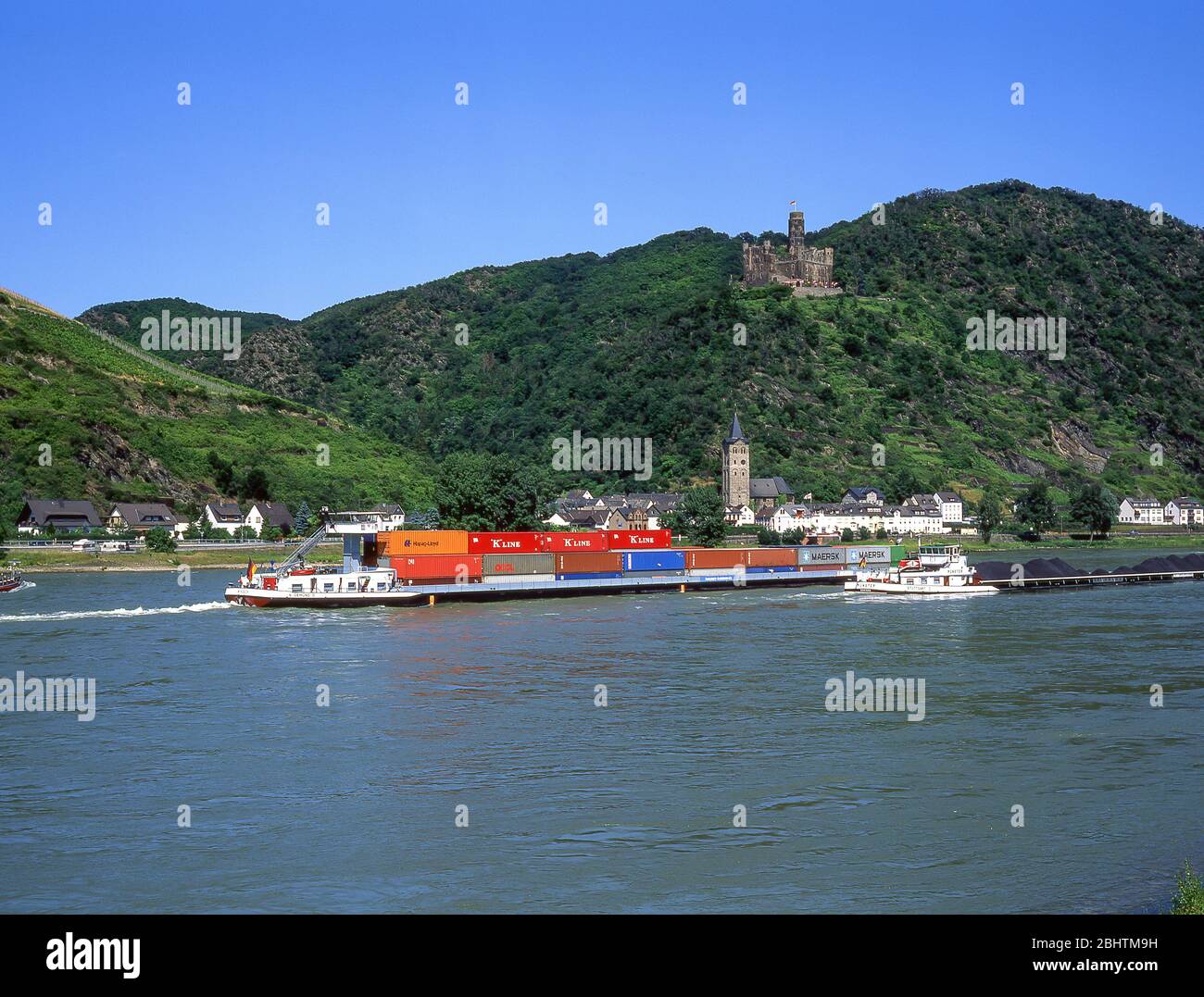 Container barge on River Rhine, Kaub, Rhineland-Palatinate, Federal Republic of Germany Stock Photo