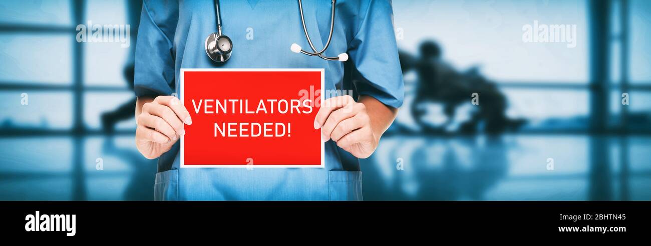COVID-19 Ventilators needed urgency. Medical doctor or nurse showing sign asking for help holding red billboard with white text. Panoramic corona virus sign banner with title. Stock Photo
