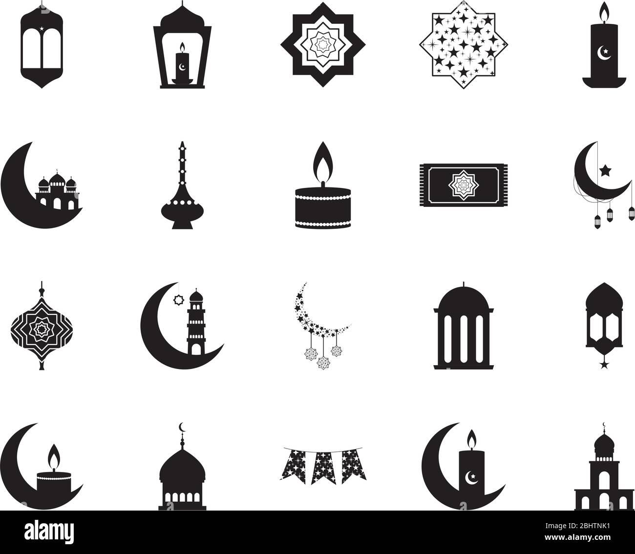 islamic stars and ramadan icon set over white background, line style