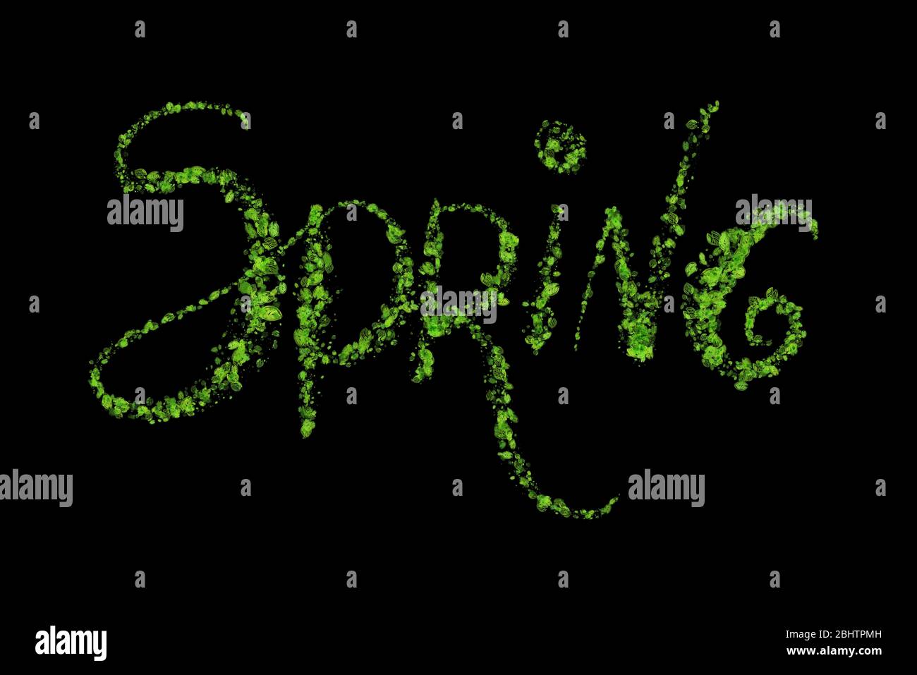 Spring word lettering done in green leaves on a black background. Part ...