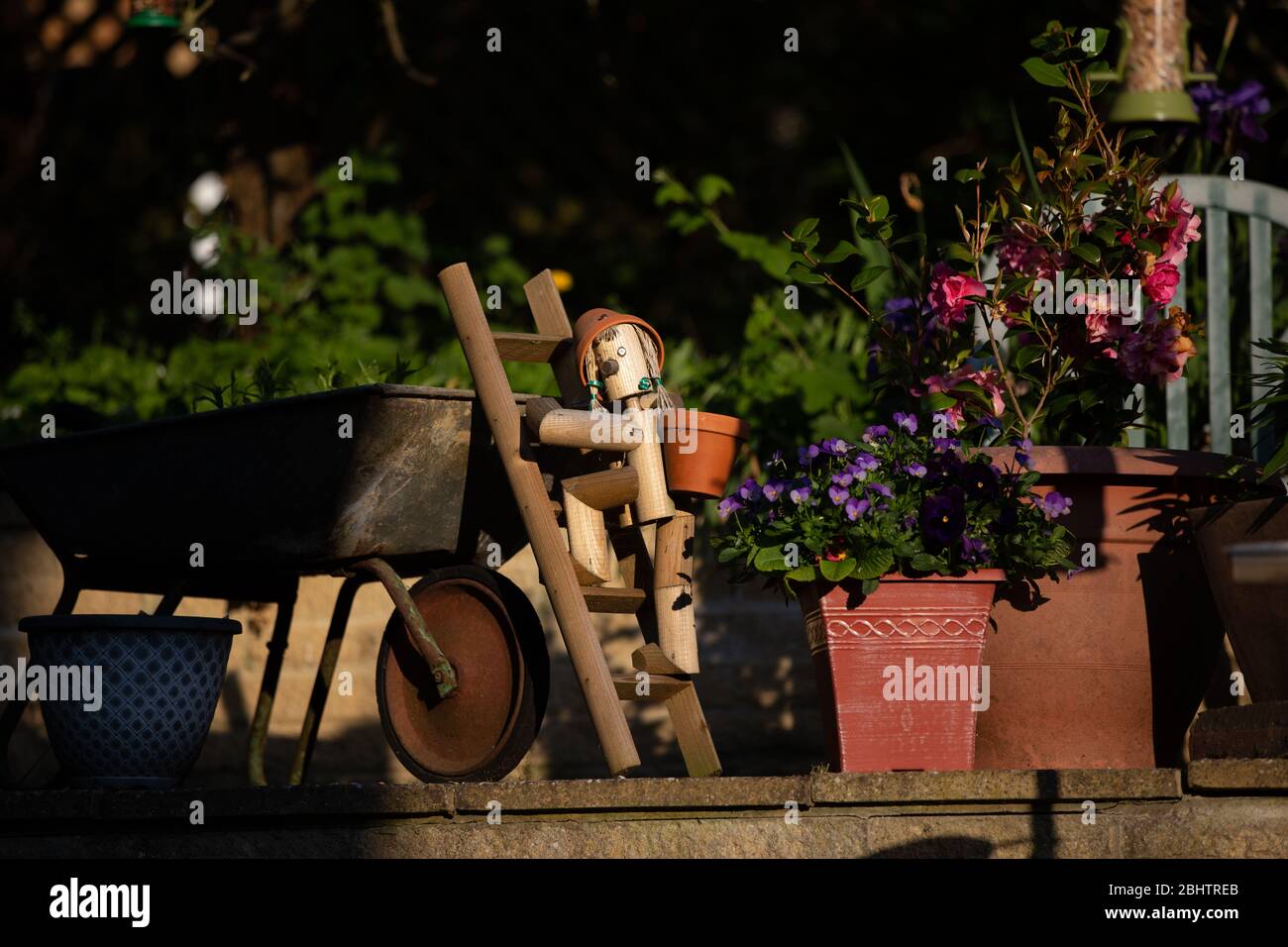 A flowerpot lady garden ornament rests up alongside a wheelbarrow in a