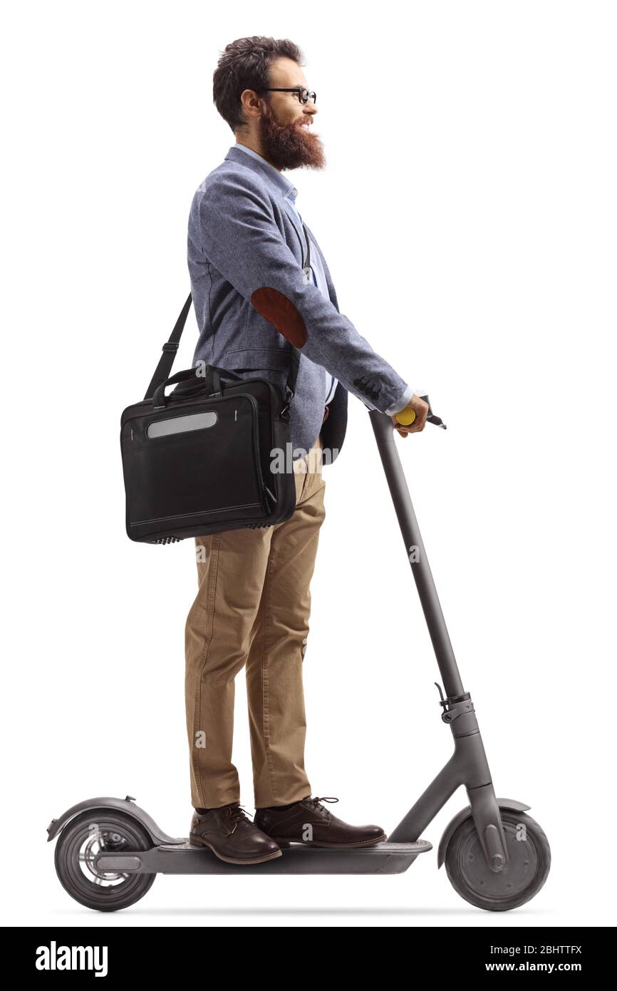 Man with a laptop case going to work with an electric scooter isolated on white background Stock Photo