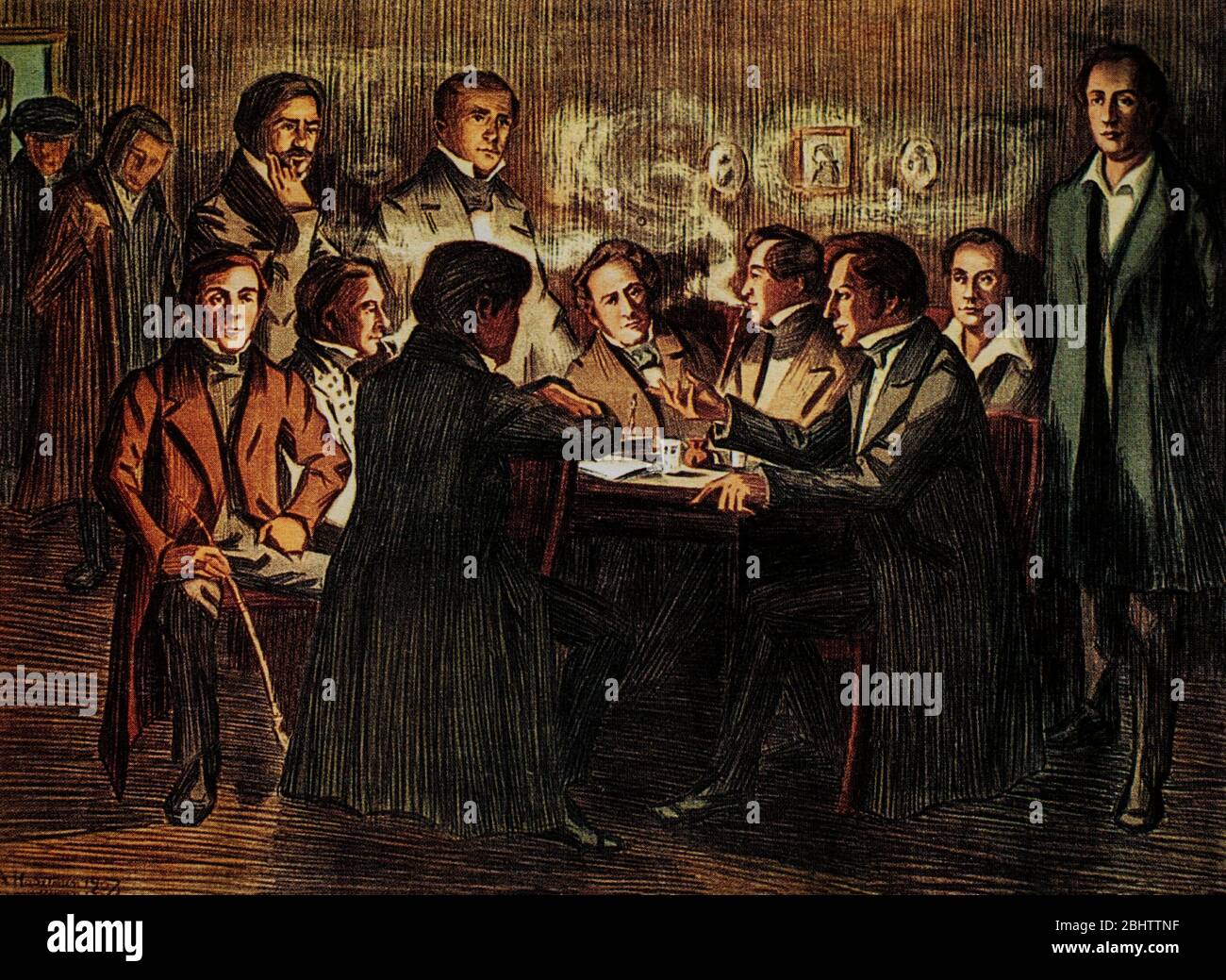 A meeting of the Saturday Society, a society founded by students and young teachers at the University of Helsinki in the spring of 1830, which met on Saturday evenings with one of its members. Literature was bought with common funds and enthusiastic discussions about them often dragged on late into the night. Initially, the discussions concerned literature and philosophy, but later the aim became the creation of a national Finland. (Artist unknown, but possibly Albert Edelfelt (1854-1905), a Finnish painter noted for his naturalistic style and Realist approach to art.) Stock Photo