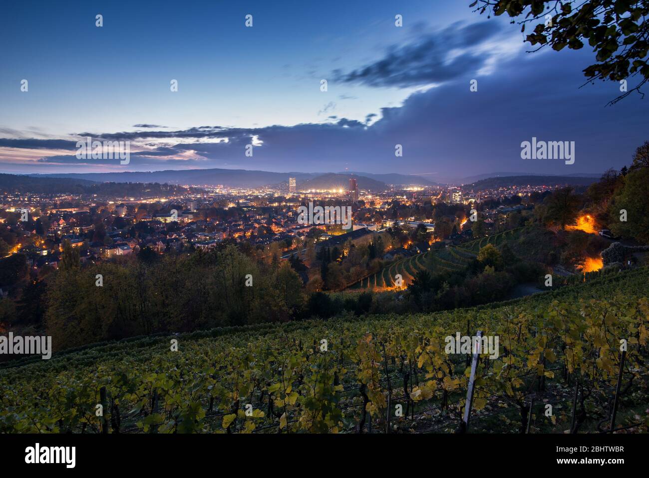 View over Winterthur and some wine fields from Bäumli at night Stock Photo