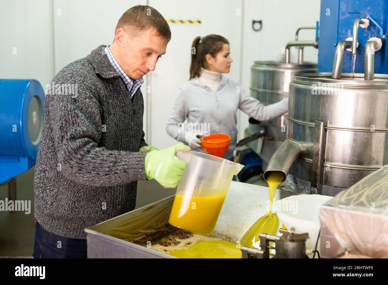 Experienced family couple working on artisan olive oil factory controlling process of oil