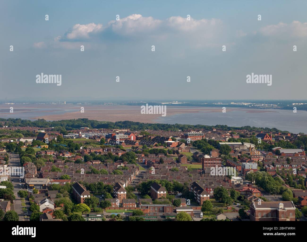 VIew of south Liverpool and the Wirral from the tower of Liverpool Cathedral, plus the sandbanks of the Mersey Estuary at low tide Stock Photo